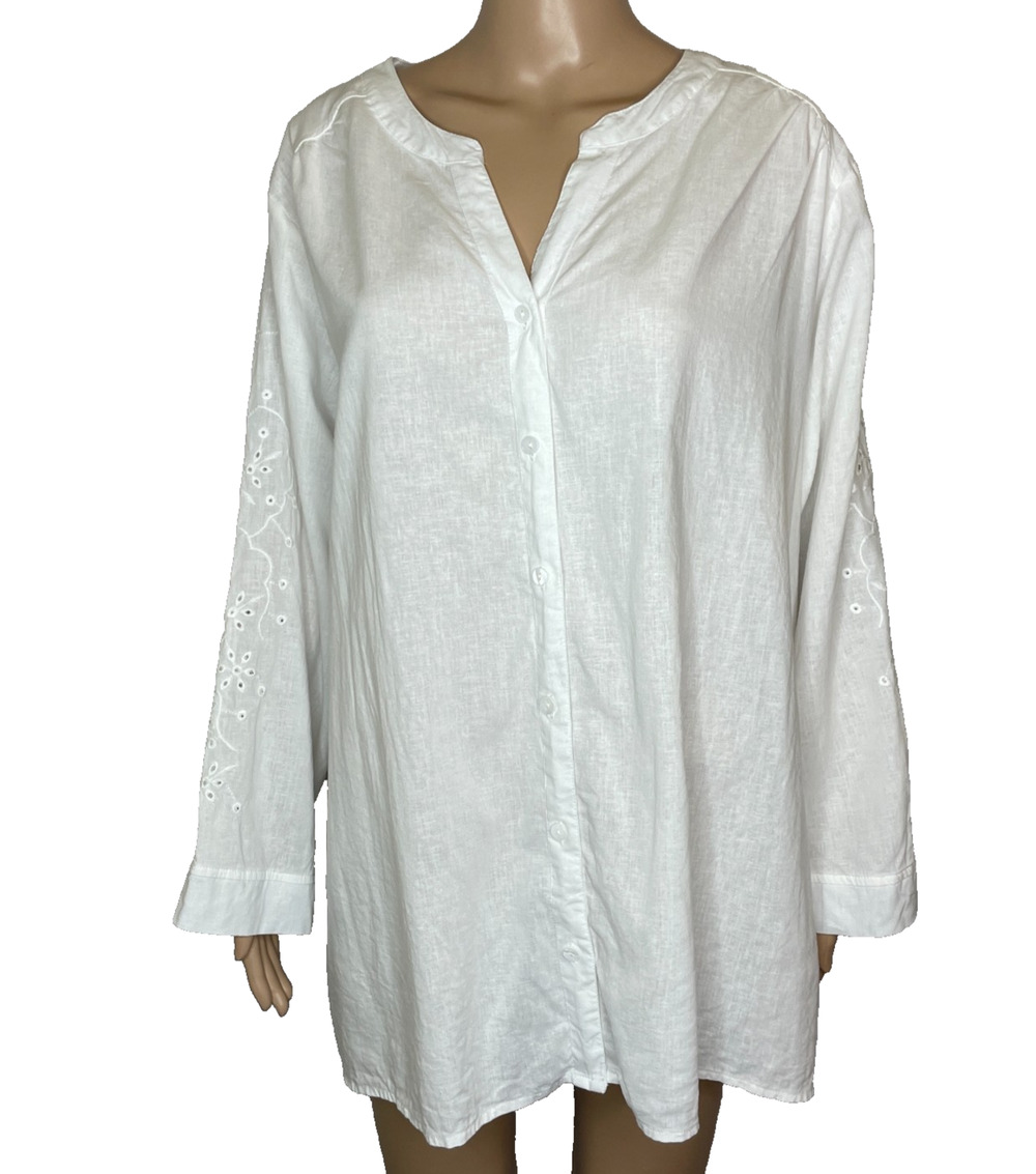 Women's 2X Cynthia Rowley White Embroidered Button Front Notch Collar Blouse